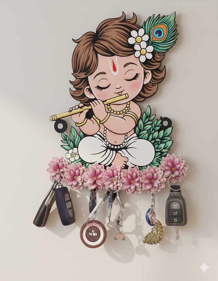 Cute Krishna Wooden Key Holder – Store18™ Premium Wall Hook for Keys